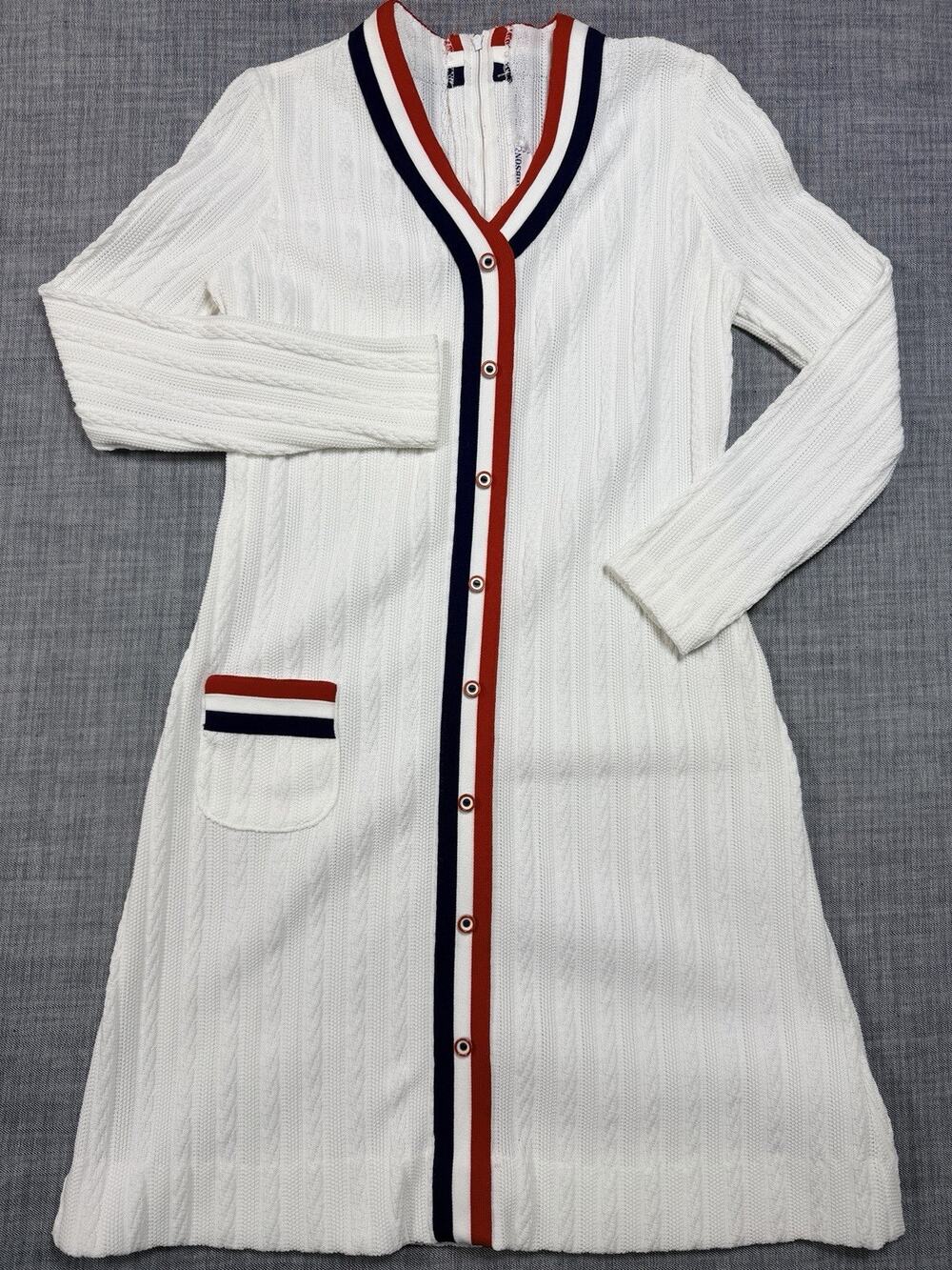 Vintage 60s Gay Gibson Mod Dress Knit Mini Zip Red White Blue Small 17x32 EUC
